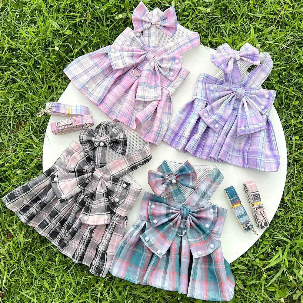 JK-Style Checkered Pet Dress Set - Bow Tie Harness Leash for Dogs & Cats (Christmas/Cosplay)