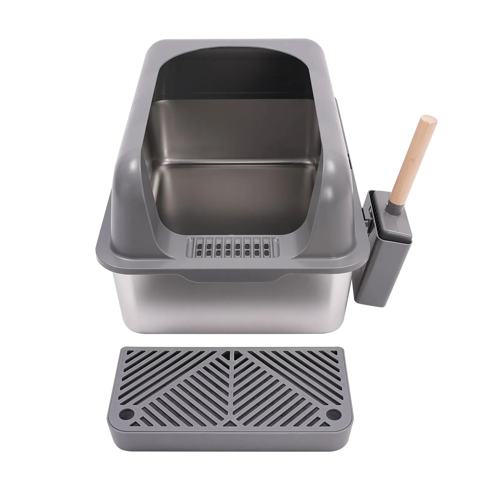 Stainless Steel Cat Litter Box with Protective Shovel Placed in Living Room, Hallway, Bedroom, Pet Store