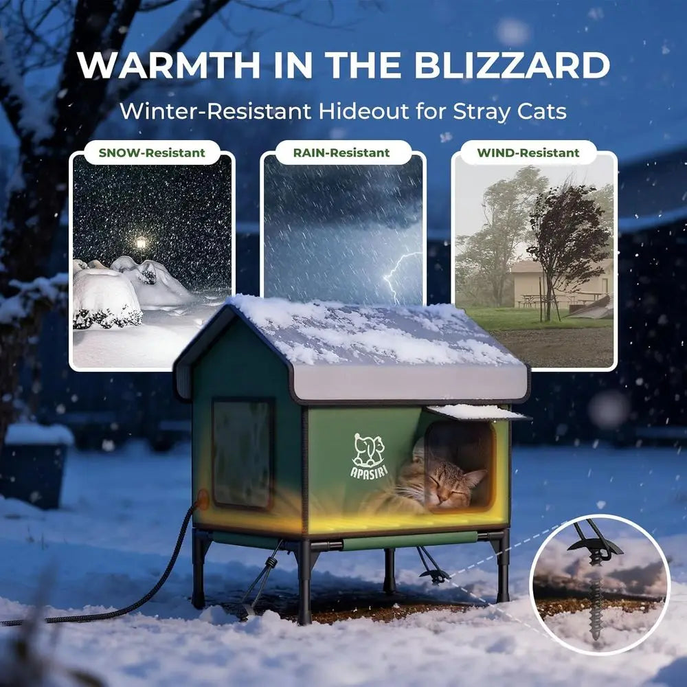 Durable Insulated Outdoor Heated Cat House with Escape Hatches, Anti-Peep Curtains, and Weatherproof Design for Small Cats