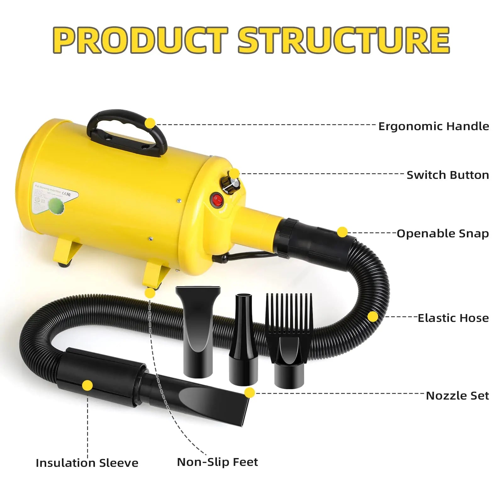 Dog Hair Dryer, 3.8HP 2800W Pet Grooming Blower for Large Dogs Hair Force Blaster with Heat, Stepless Speed Adjustable