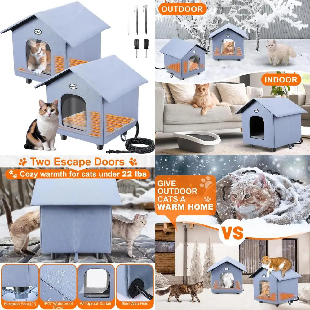 Double-Door Insulated Outdoor Cat House with Heated Bed for Winter, Weatherproof Shelter for Feral Cats and Small Pets (Blue)