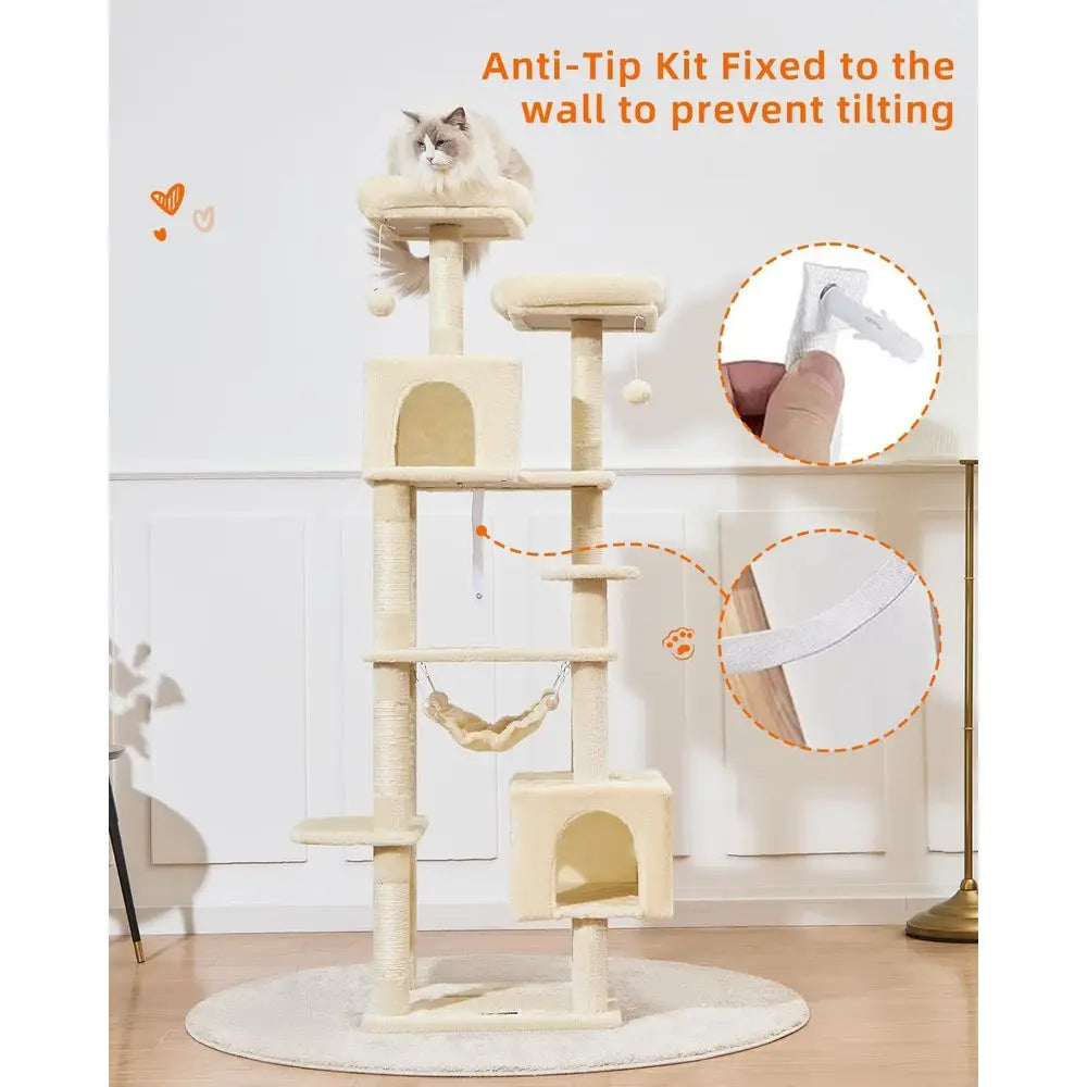 Taoqimiao Cat Tree, 68-Inch Cat Tree Cat Tower for Indoor Cats, Plush Multi-Level Cat Condo with 6 Scratching Posts, 2 Perches,