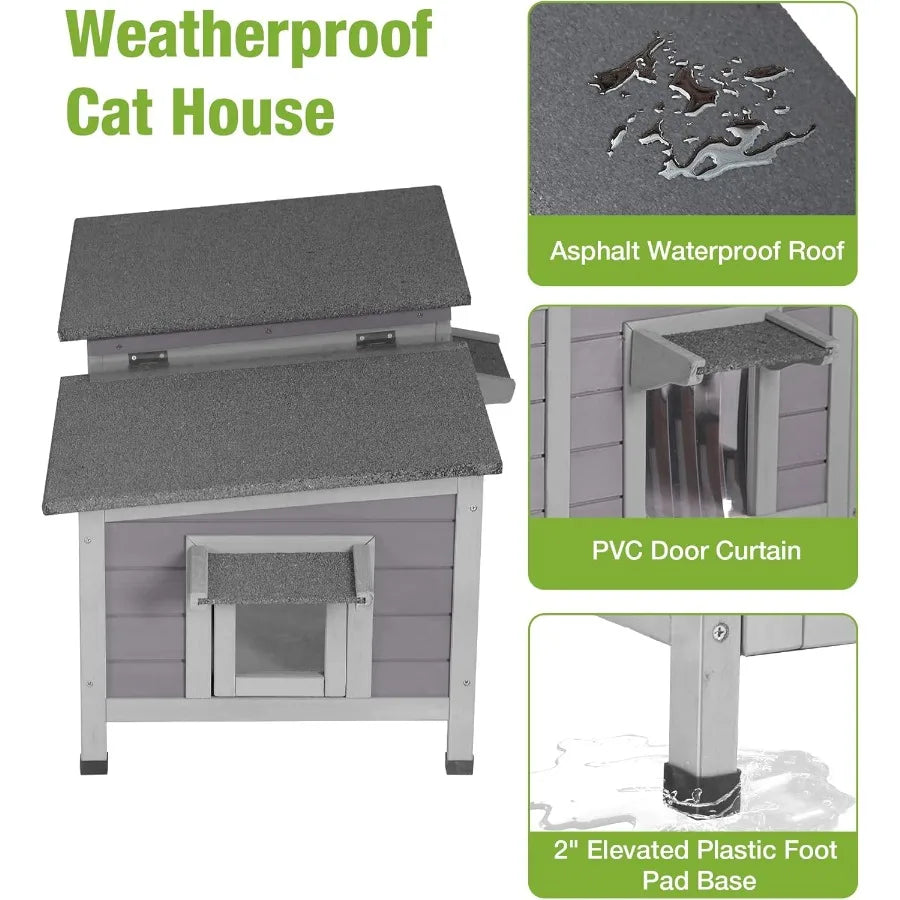 Outdoor Cat House Weatherproof Large Cat Shelter with Openable Roofs for Feral Kittens Elevated Base Design with PVC Curtain fo