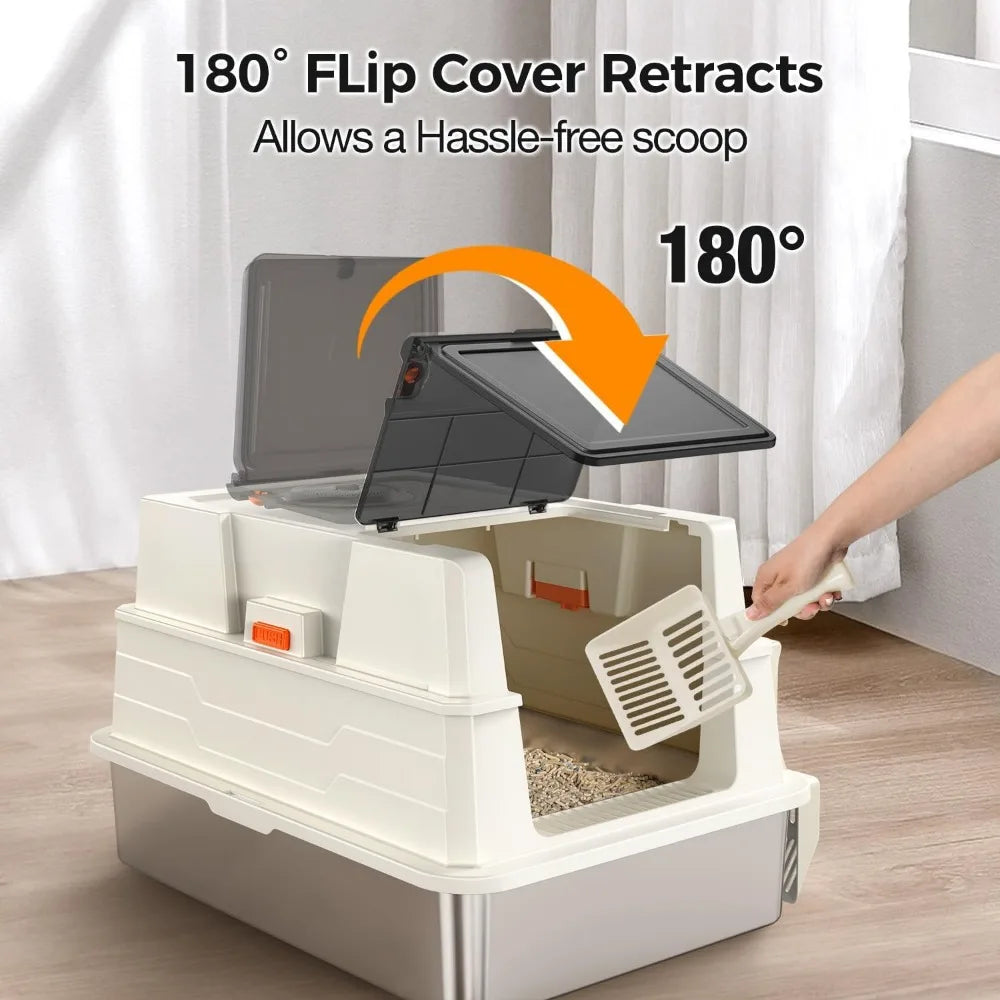 Extra Large 28L x 20.5W x 16.5H Stainless Steel Litter Box with Lid for Large and Multiple Cats - Enclosure Privacy Solution