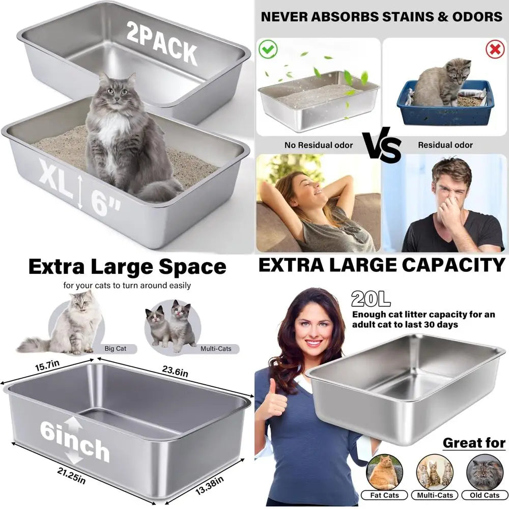 Extra Large Stainless Steel Cat Litter Boxes 2-Pack, 23.6x15.7x6 Deep, XL Metal Litterbox for Large Cats, Ideal for Big Cats wit