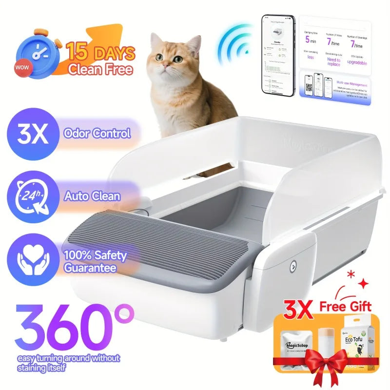 Self Cleaning Automatic Cat Litter Box Robot Open Top Large Capacity App Control Anti Pinch Odor Free Waste System MultiCat Free