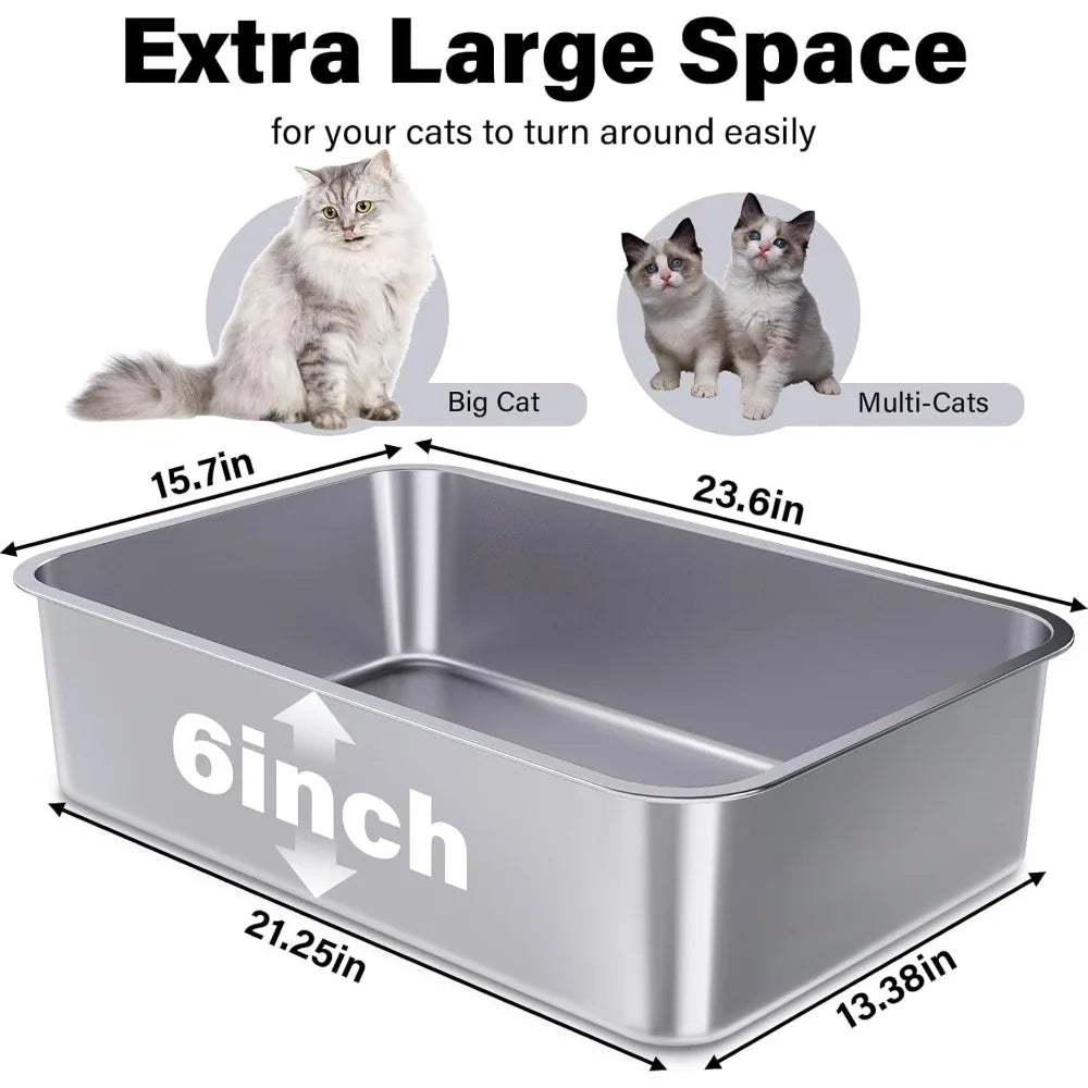Extra Large Stainless Steel Cat Litter Boxes 2-Pack, 23.6x15.7x6 Deep, XL Metal Litterbox for Large Cats, Ideal for Big Cats wit