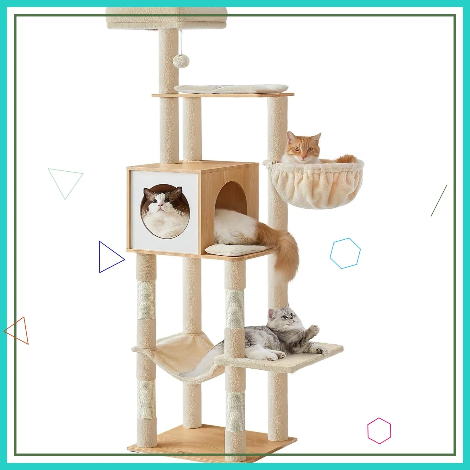 65-Inch Tall Cat Tree with Multi-Level Condo, Cave, Basket, Hammock, Scratching Posts in Almond Yellow