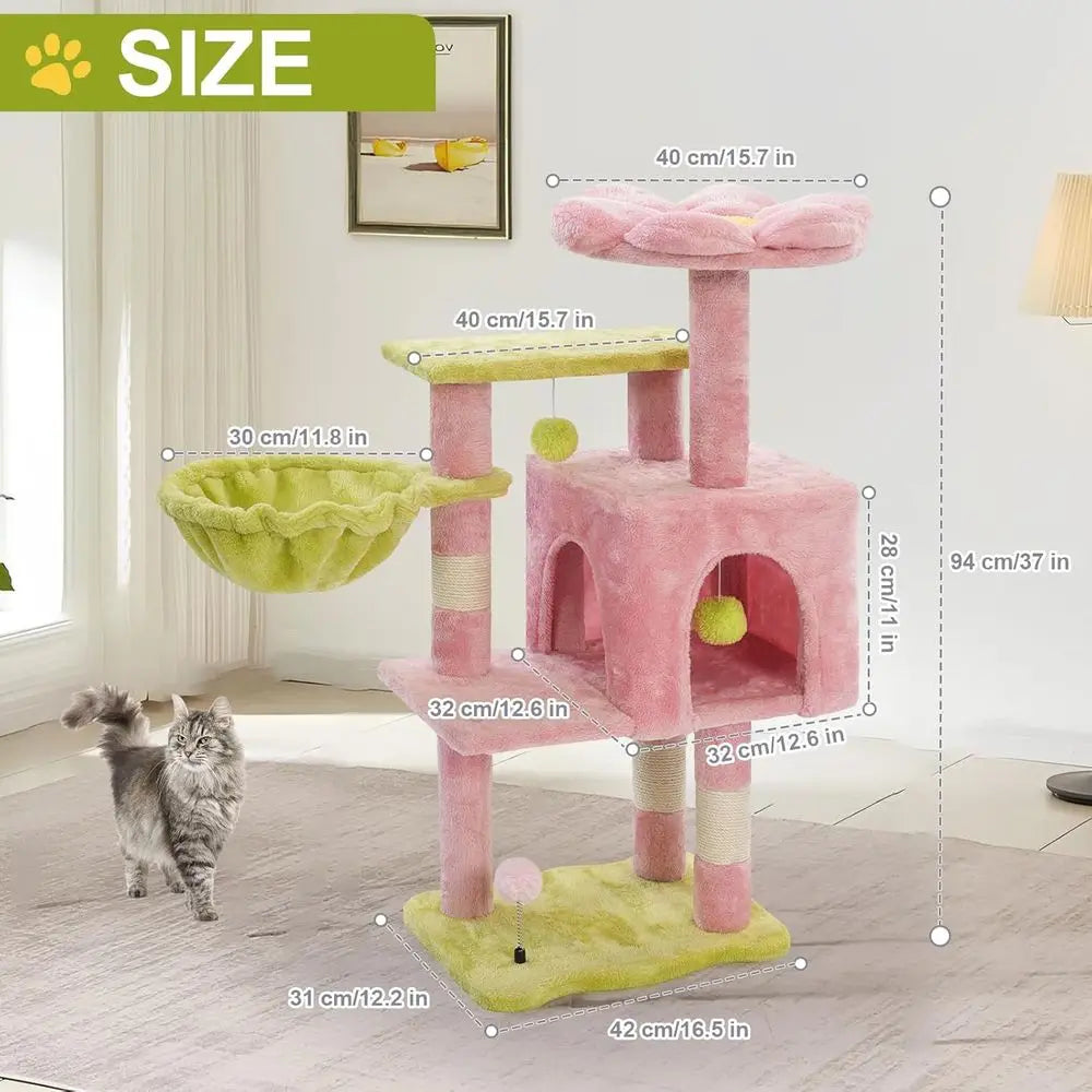 Pink Flower Perch Cat Tower for Large Indoor Cats, 41 Metal Frame Tree with Hammock and Scratching Post