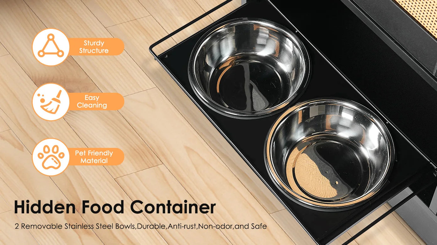Feeding Station with 1 Storage Cabinets, Pet Feeding Station with 2 Elevated Dog Bowls, Side Hooks, Anti-tip Kit
