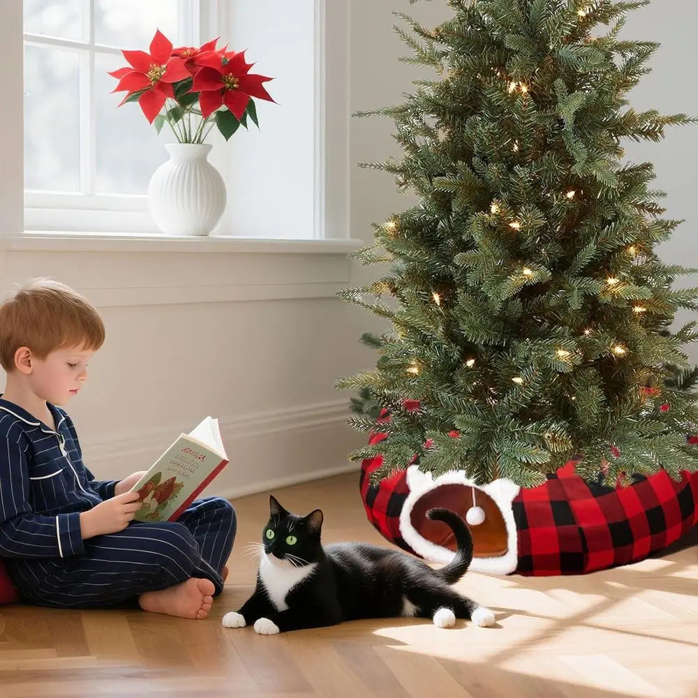 Christmas Tree Skirt with Cat Tunnel, Buffalo Plaid Bed, Dual-Entry Peekaboo Donut Tunnels for Pets