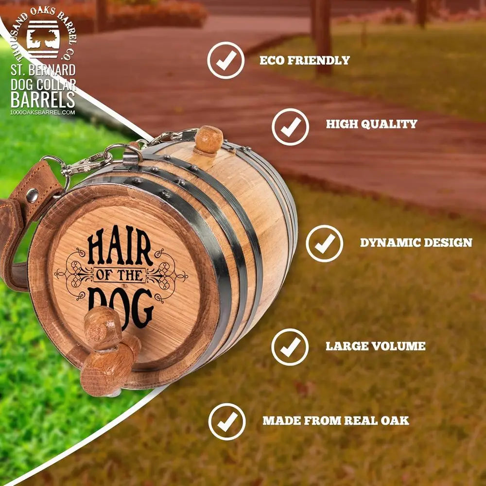 St Bernard Whiskey Barrel Collar for Dog, 'Hair of the Dog' - 1/2 Liter Oak Aging Barrel Dispenser for Saint Bernard Dogs with A