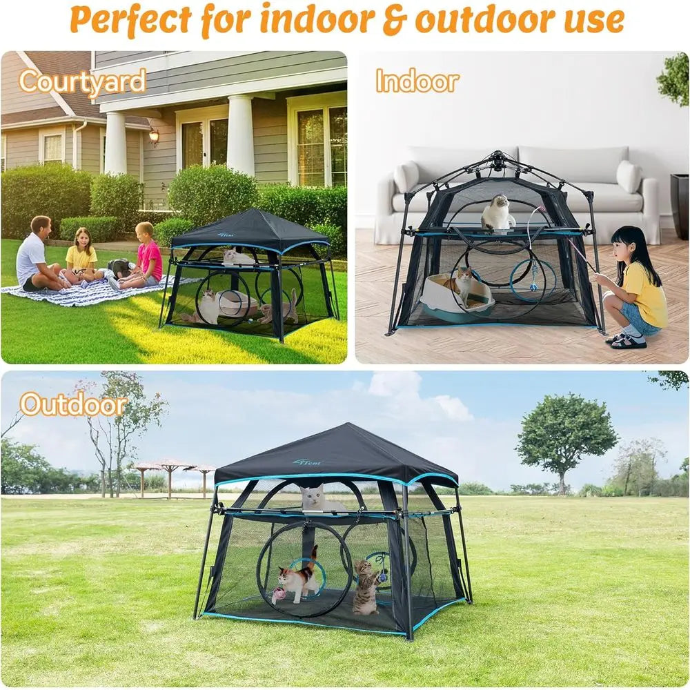 Large Catio Outdoor Cat Enclosure,2 Tier Pop Up Cat Tent, Spacious, Sturdy Outdoor Catio,Portable and Foldable Playpen Play Tent