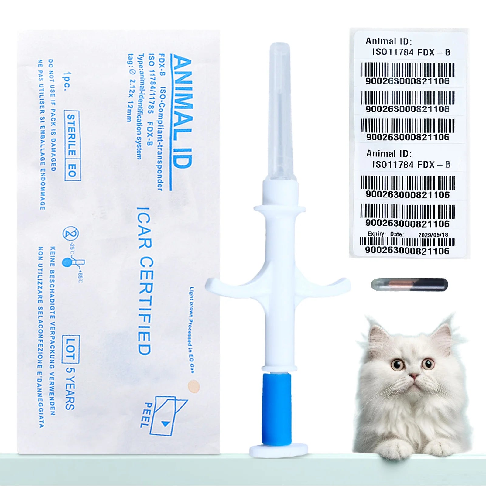 100pcs 2.12X12/1.4X8mm/1.25x7mm microchip+syring dog cat pic cow animal chip EM4305 134.2khz