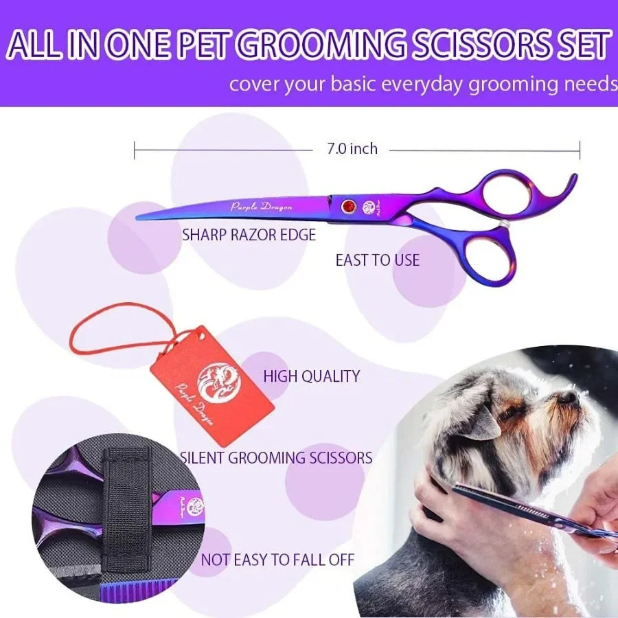Professional 7.0 inch 4PCS Pet Grooming Scissors Kit Japan Premium Steel Straight Curved Thinning Blade Dog Hair Cutting Shears