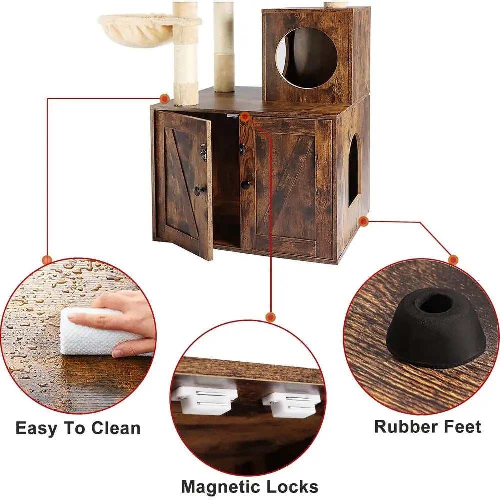 2-in-1 Wooden Cat Tower with Litter Box, Sisal Scratching, Hammock, Brown