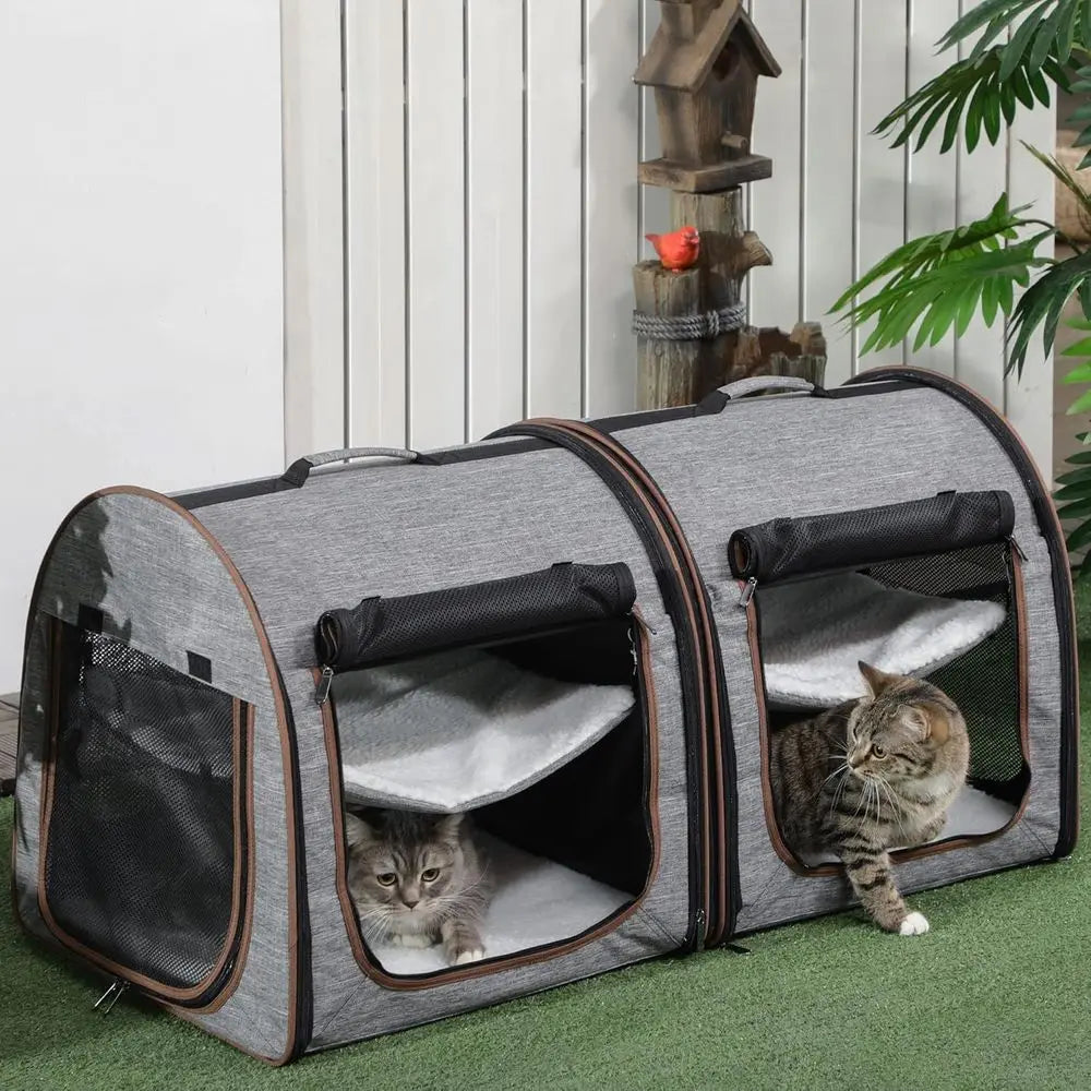 Portable Soft-Sided Cat Carrier for Travel, Dog Crate with Divider, Two Compartments, Cushions & Storage, Light Gray