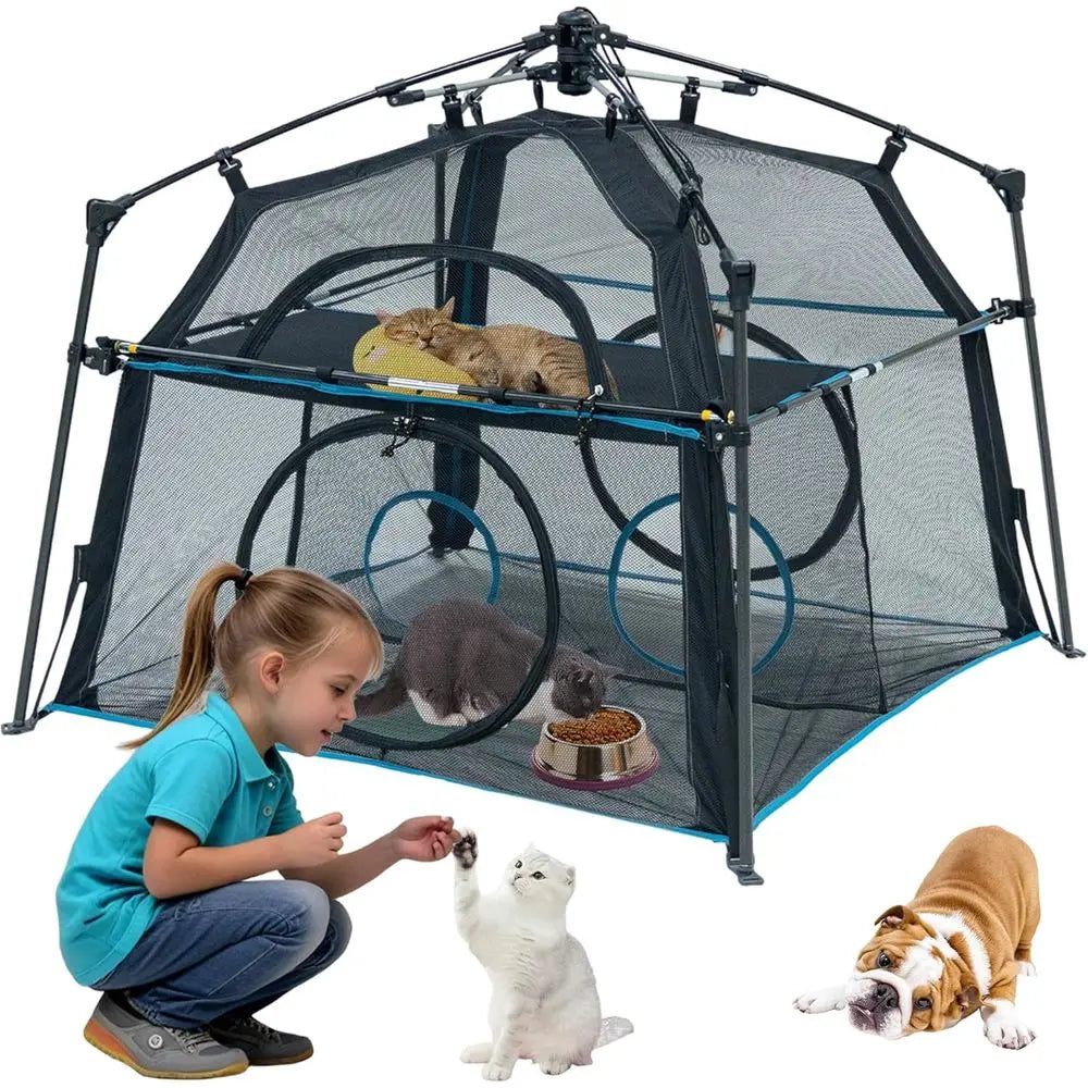 Large Catio Outdoor Cat Enclosure,2 Tier Pop Up Cat Tent, Spacious, Sturdy Outdoor Catio,Portable and Foldable Playpen Play Tent