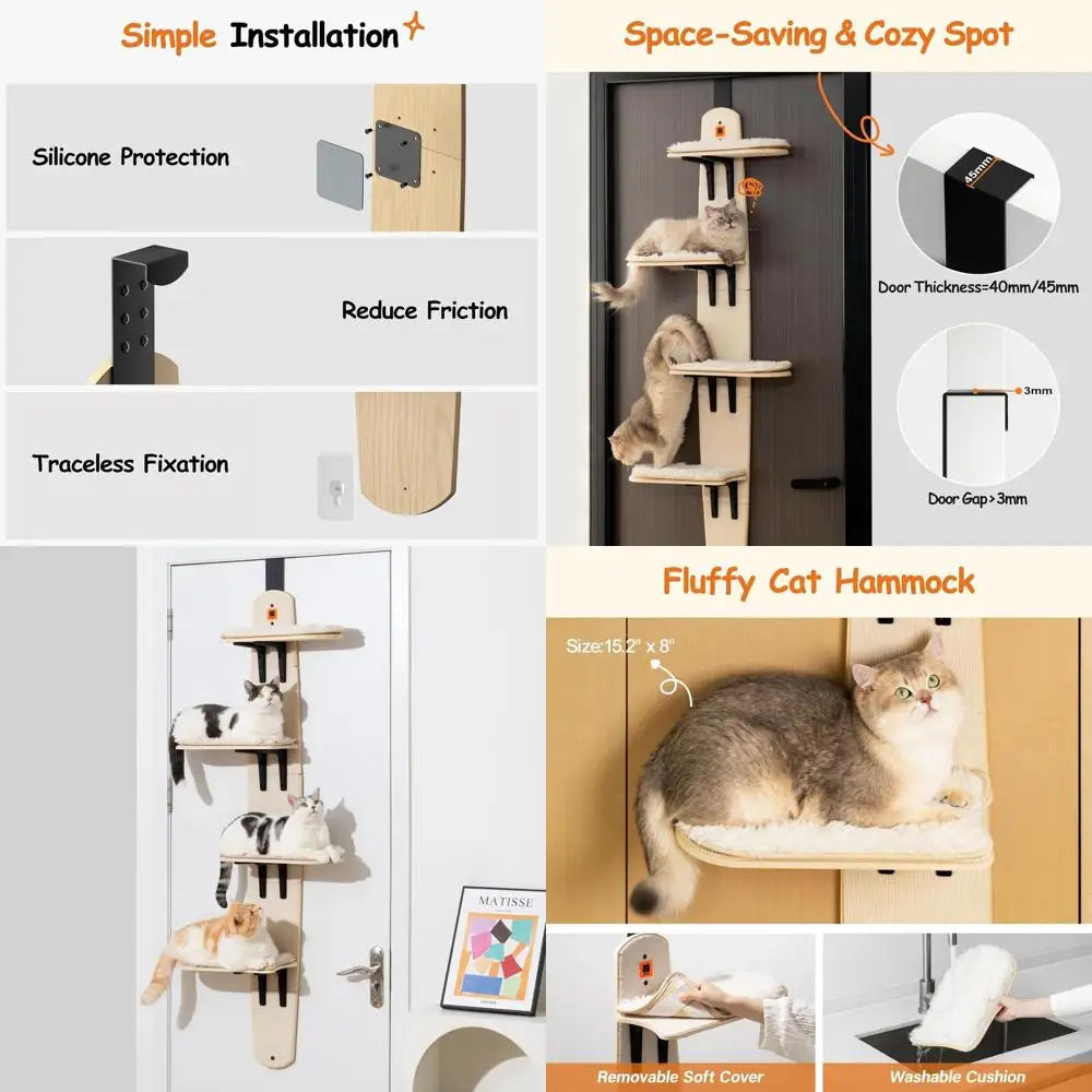 MEWOOFUN Cat Tree Door Mounted Cat Climber, Cat Shelves Cat Ladder with Removable Soft Mat, 4-Levels Over Door Cat Climber for I