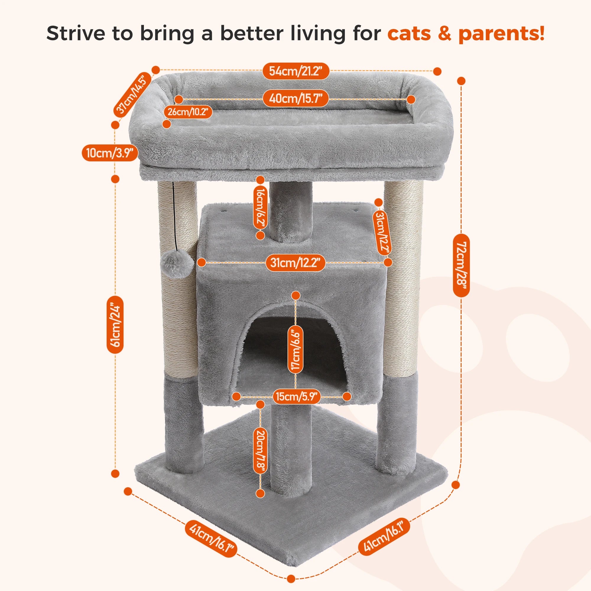 Small Cat Tree Tower with Natural Sisal Scratching Posts Soft Top Perch and Plush Pom-pom Cozy Cat Condo Bed for Indoor Cat Toys