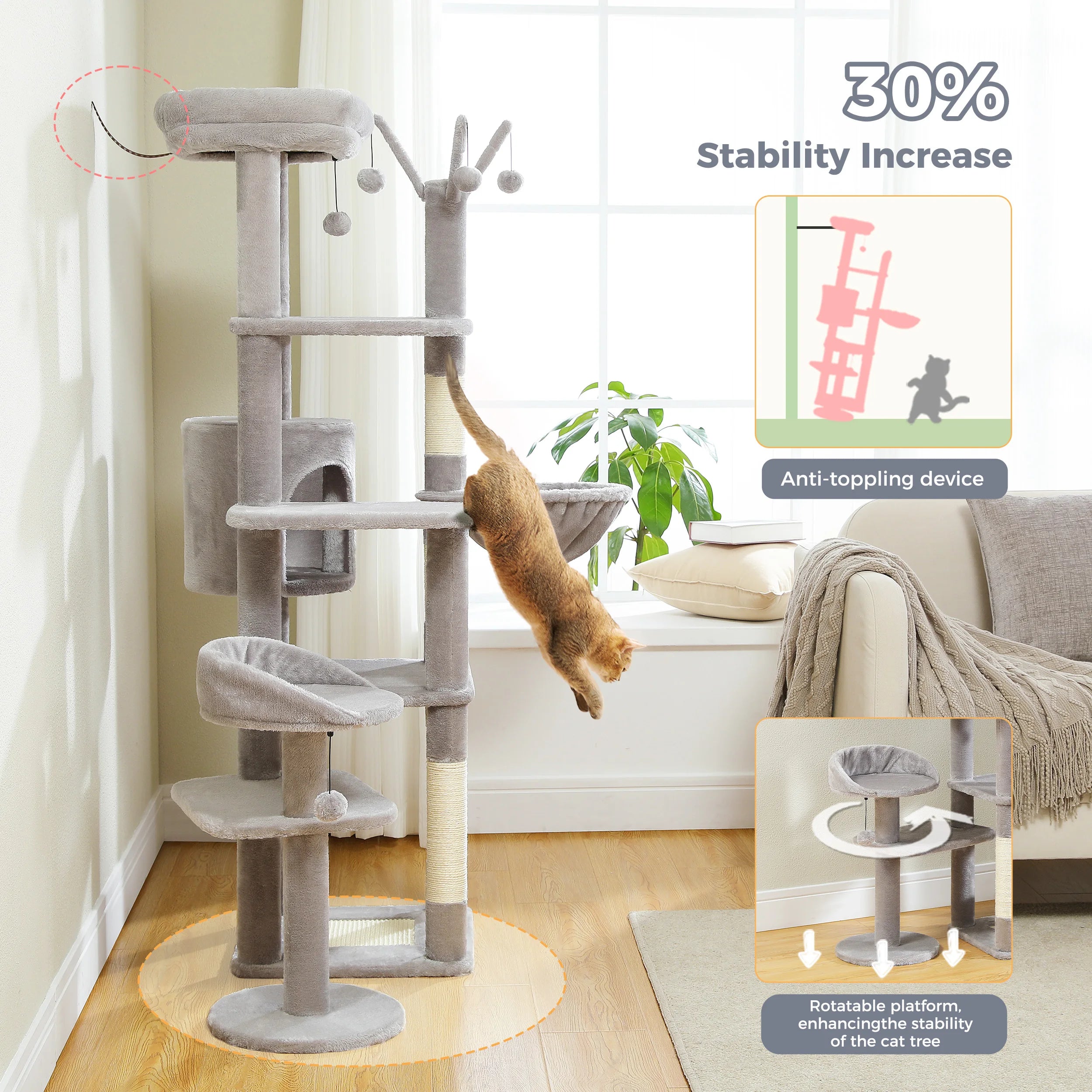 Large Cat Tree for Indoor Large Cats Tall Cat Tower for Fat Cats with Super Big Hammock, Cat Climbing Trees with Scratching Post