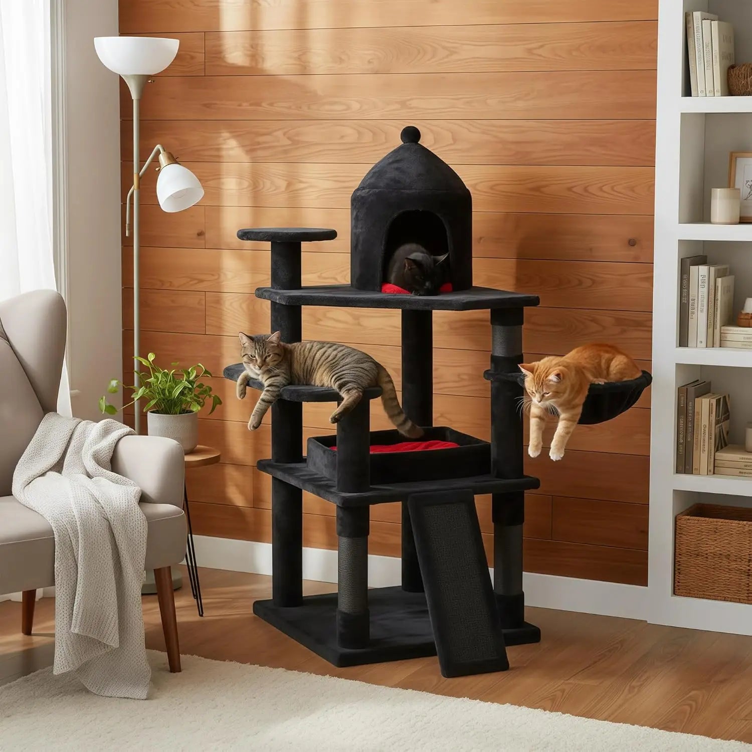 Gothic Cat Tree with Coffin Bed, Multi-Level Tower for Indoor Cats, Halloween Decor, Black and Red Design
