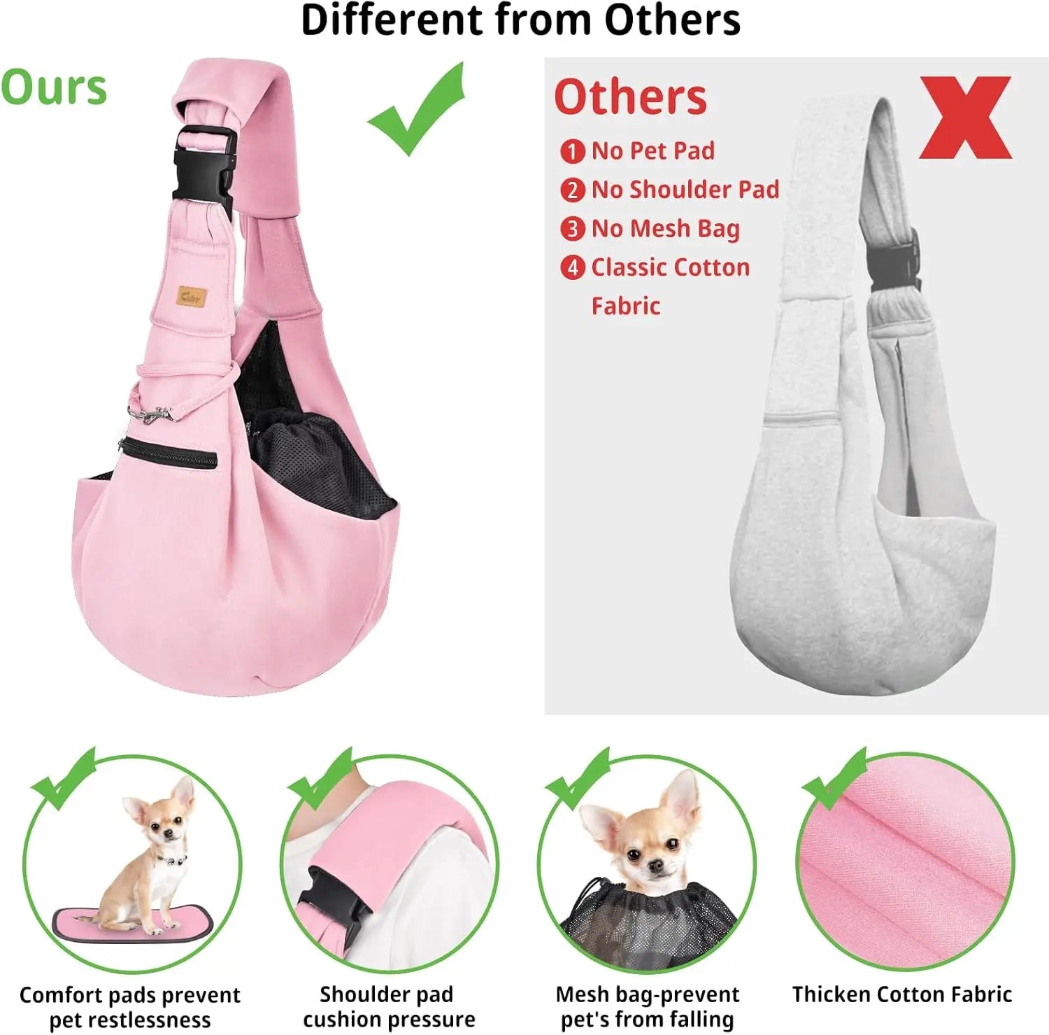 Dog Cat Sling Carrier - Reversible Hands-Free Pet Papoose Bag - Soft Tote for Small Dogs Cats (Pink, Adjustable Strap)
