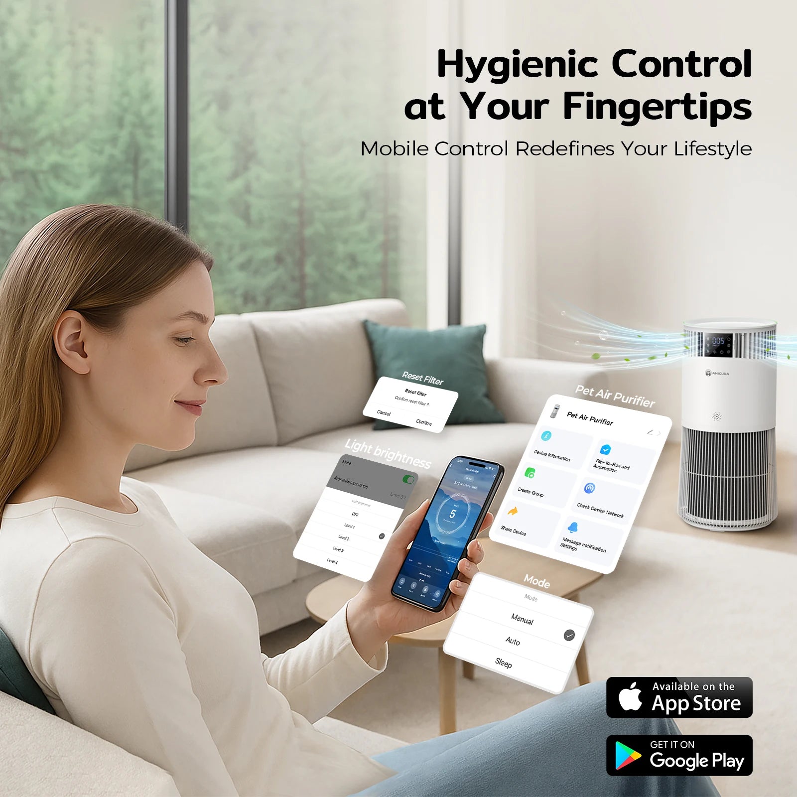 Amicura P2 Air Purifier for Pet Allergy Sufferers 843 m³/h Pet Hair Removal 450 CADR 99% Odour Neutralisation H13 Filter Against