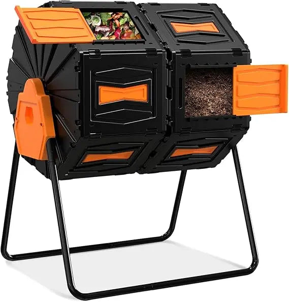 45 Gallon Dual Chamber Rotating Compost Bin for Efficient Outdoor Garden Waste Management