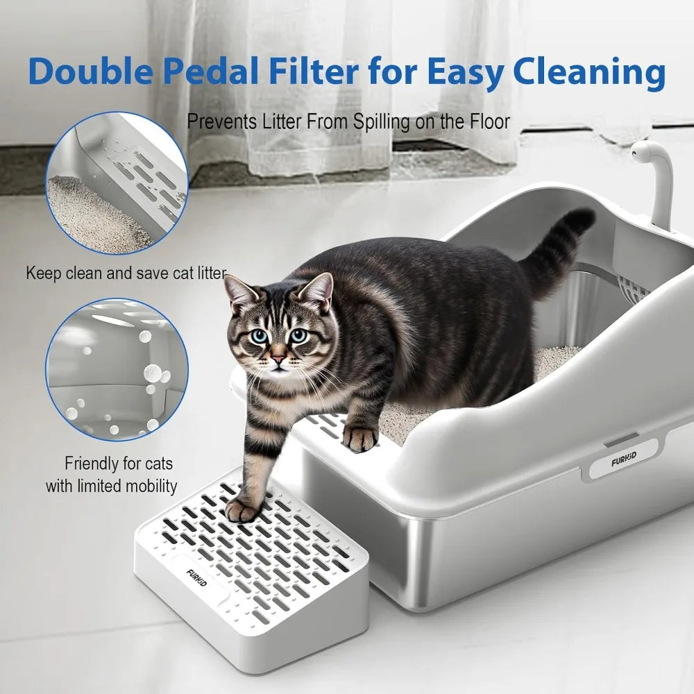 Cat Litter Box with Lid, XL Extra Large Litter Box for Big Cats, High Sided Kitty Metal Pan with Pedal Filter