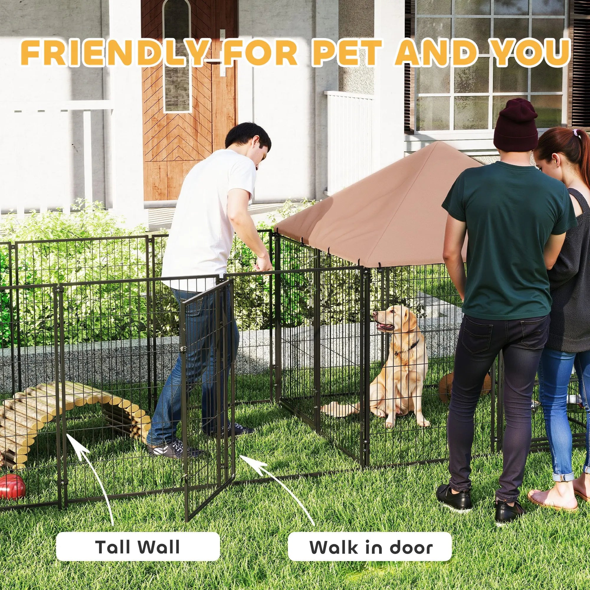 Dog Kennel Outdoor with Rotating & Adjustable Height Bowls