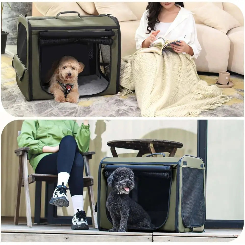 Lightweight Foldable Dog Carrier, 24x17.7x20.5in, Portable Breathable Crate, Easy Assembly, Green Travel Pet Carrier for Indoor