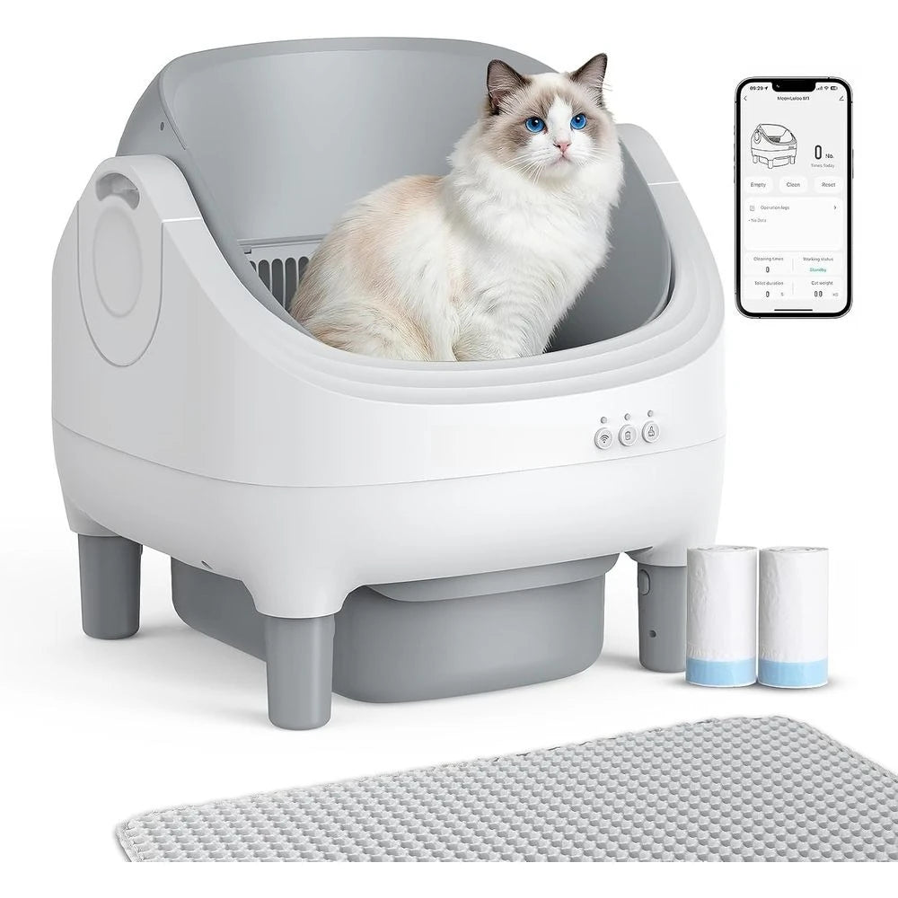 Smart Open-Top Cat Litter Box with Self-Cleaning, App Control, Safety Sensors, Odor Control, 10L Bin, 2 Garbage Rolls, Light Gre
