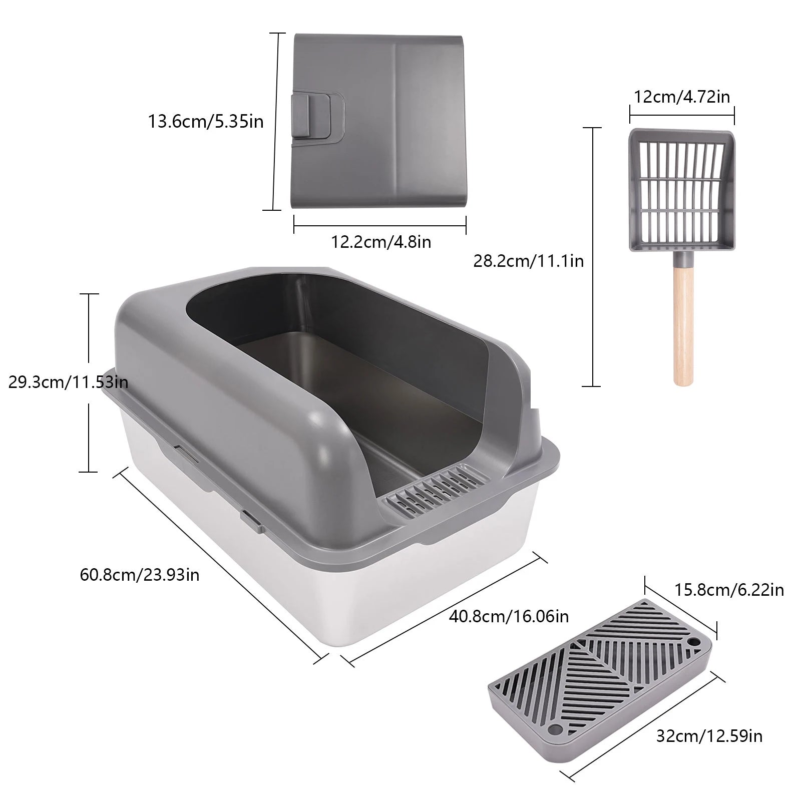 Stainless Steel Cat Litter Box with Protective Shovel Placed in Living Room, Hallway, Bedroom, Pet Store