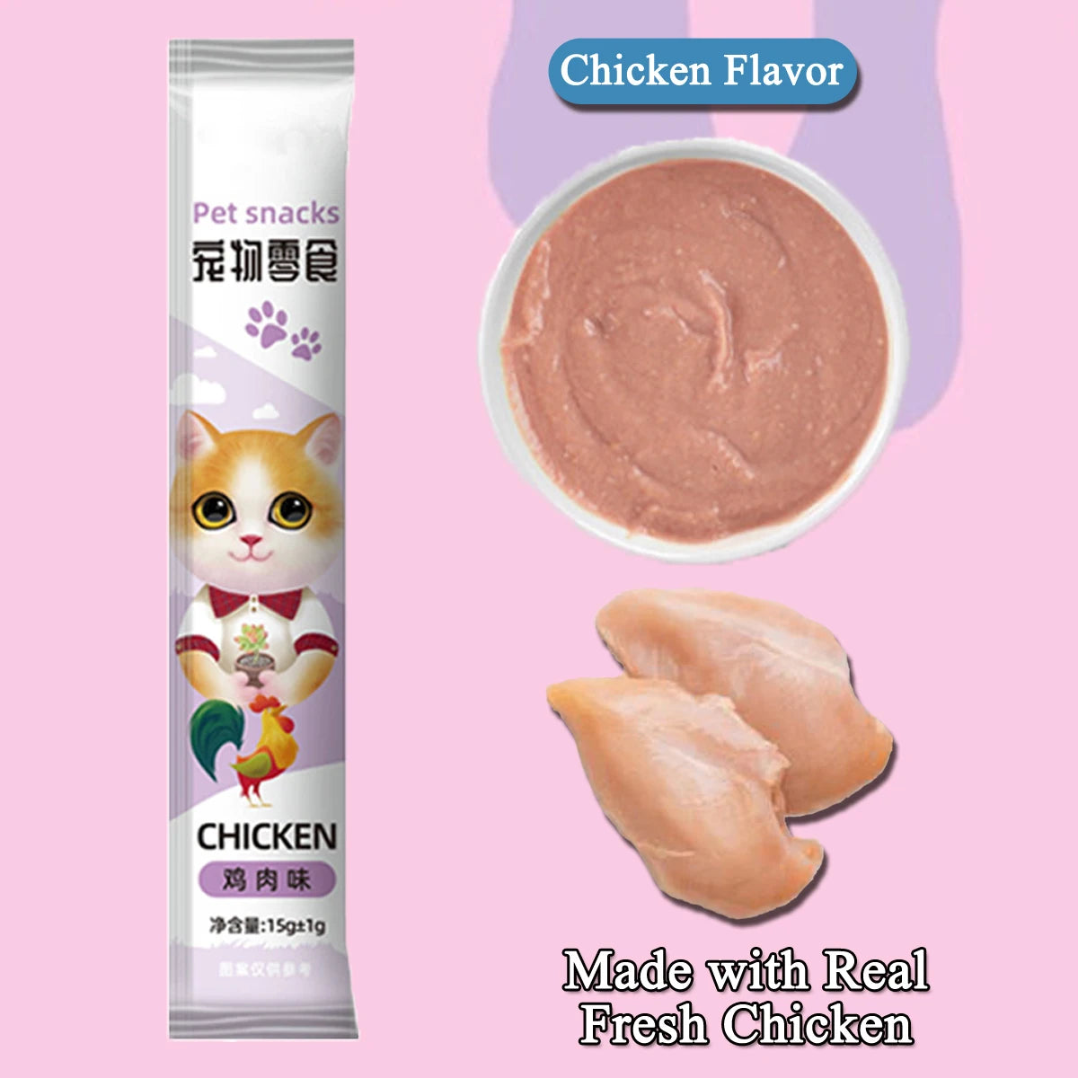 Cat Treats, Lickable, Squeezable Creamy Puree Cat Treat, 0.5 Ounces Each Tube, Chicken Flavor.