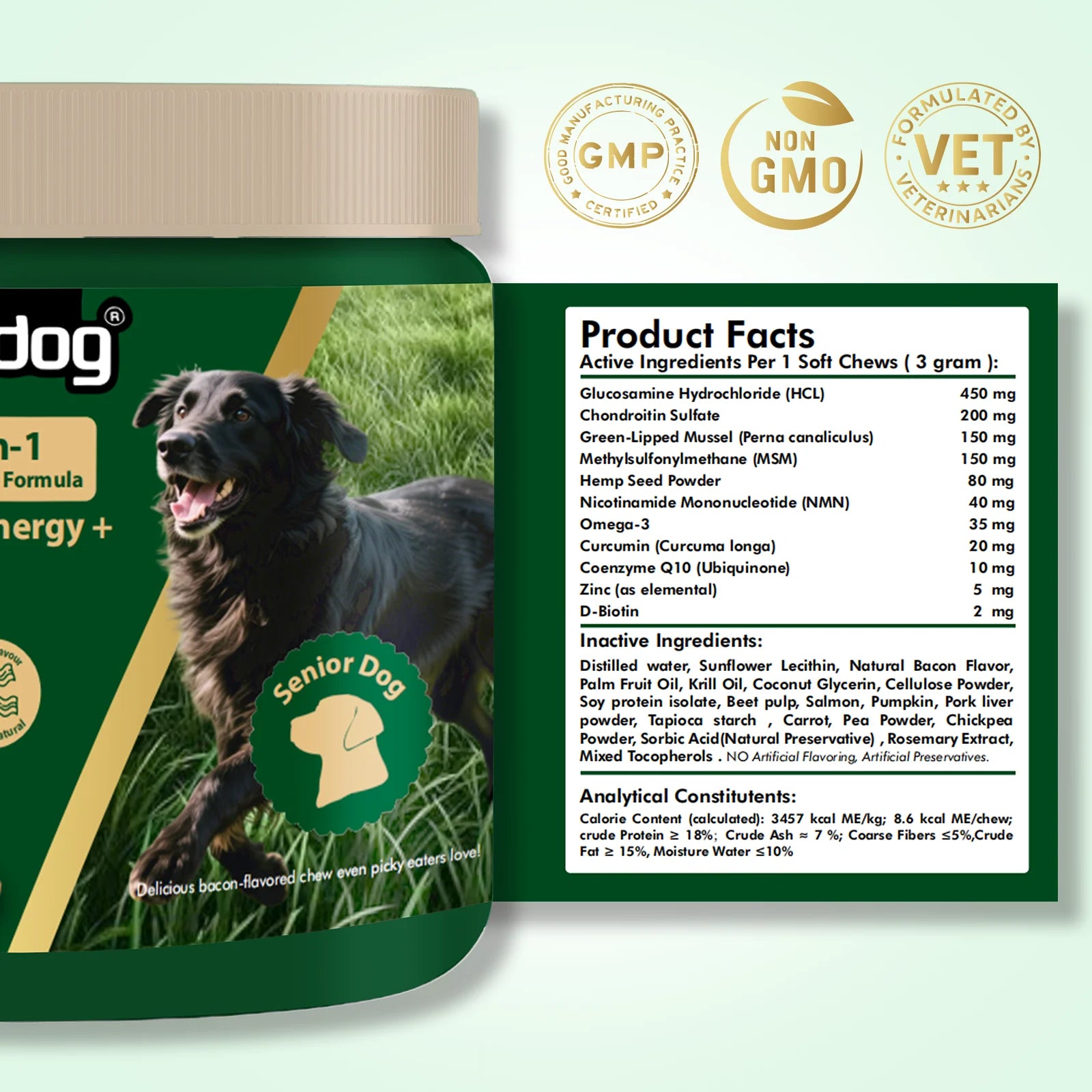 NUTRIDOG Senior Dog Vitamins Chews NAD Joint Mobility Cellular Energy Coat Brilliance Support for 3-In-1 Dogs Soft Chews