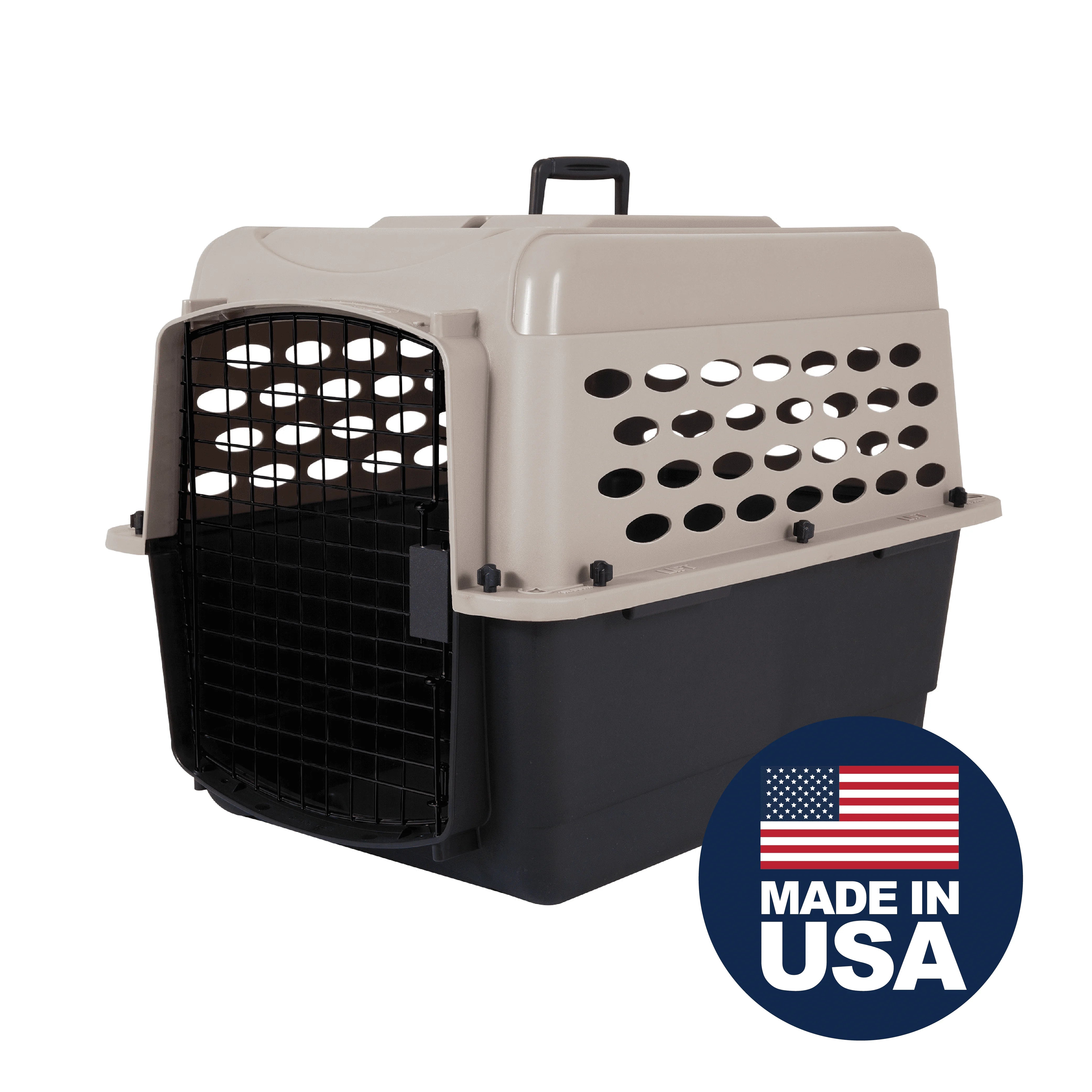 Small Plastic Dog Kennel 28" Airline Approved, Portable Pet Carrier for 20-30 lb Pets, Taupe Black Secure Travel Crate