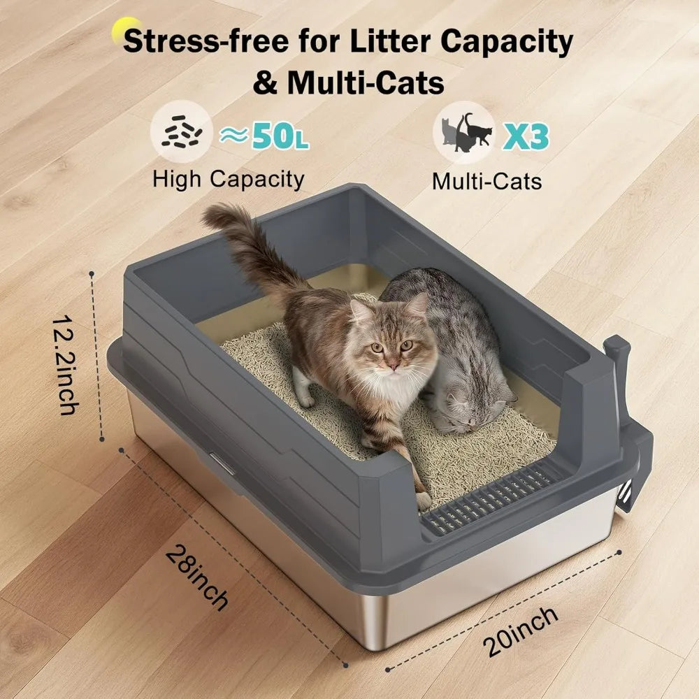 Stainless Steel Litter Box Extra Large for Big Cats Multi-Cats, Jumbo Extra Large Metal Cat Litter Box with High Sided Lid, Anti