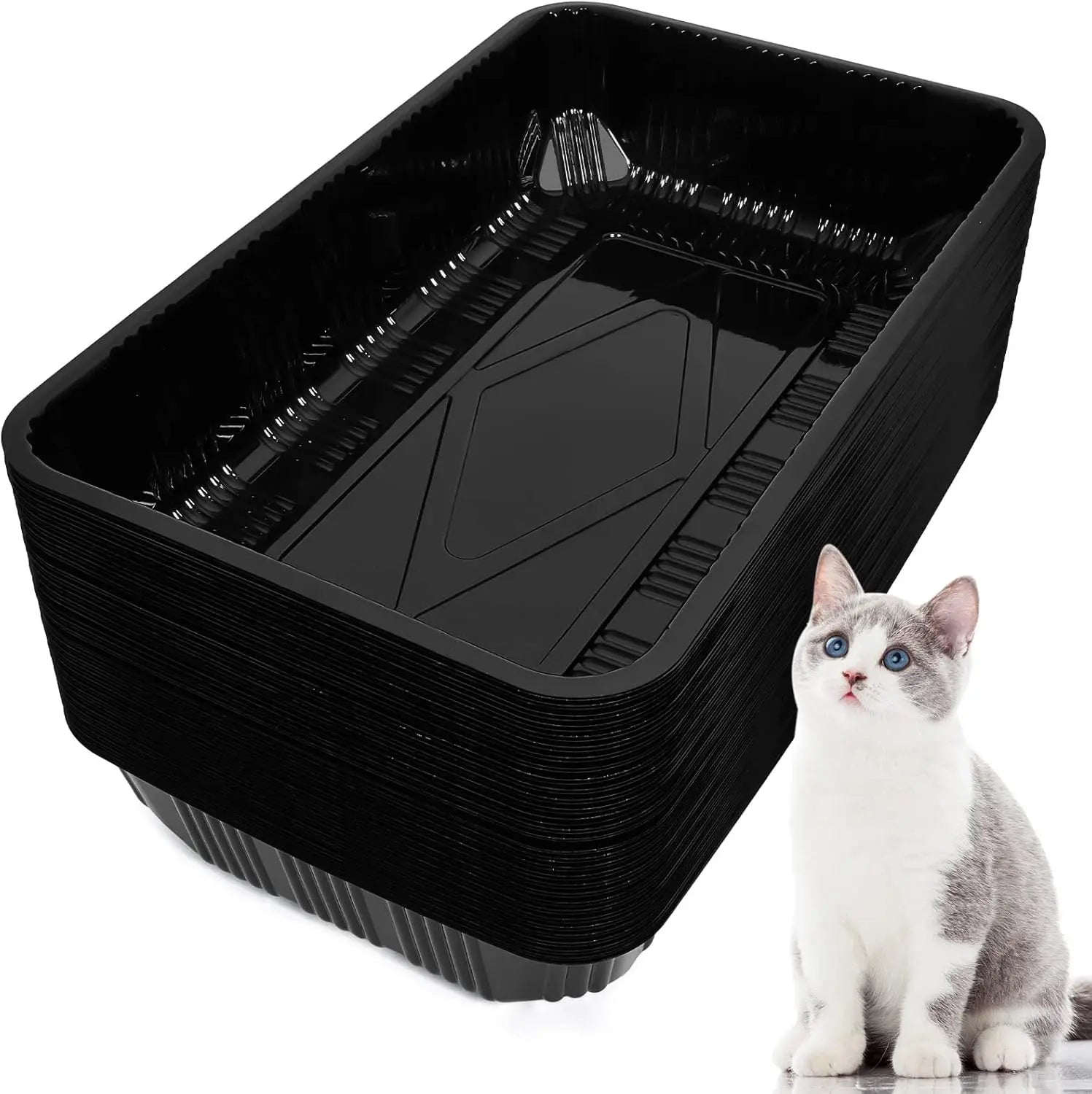 60 Pack Disposable Cat Litter Boxes, 16.7 x 10.5 in, Black, Travel-Friendly, Recyclable