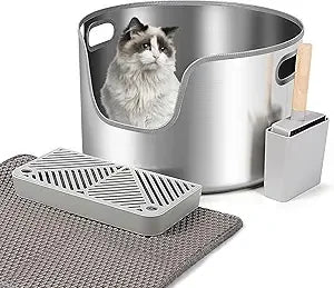 Large Round High-Sided Stainless Steel Cat Litter Box with Scoop, Filter Pedal, and Litter Mat for Easy Clean-Up