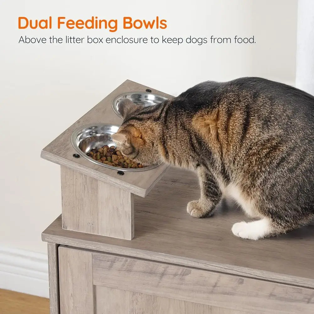 Cat Tree with 47.2 Dual Litter Box Enclosure, 63.4 Tall Multi-Functional Tower for Cats, Hidden Litter Box Enclosure Furniture,