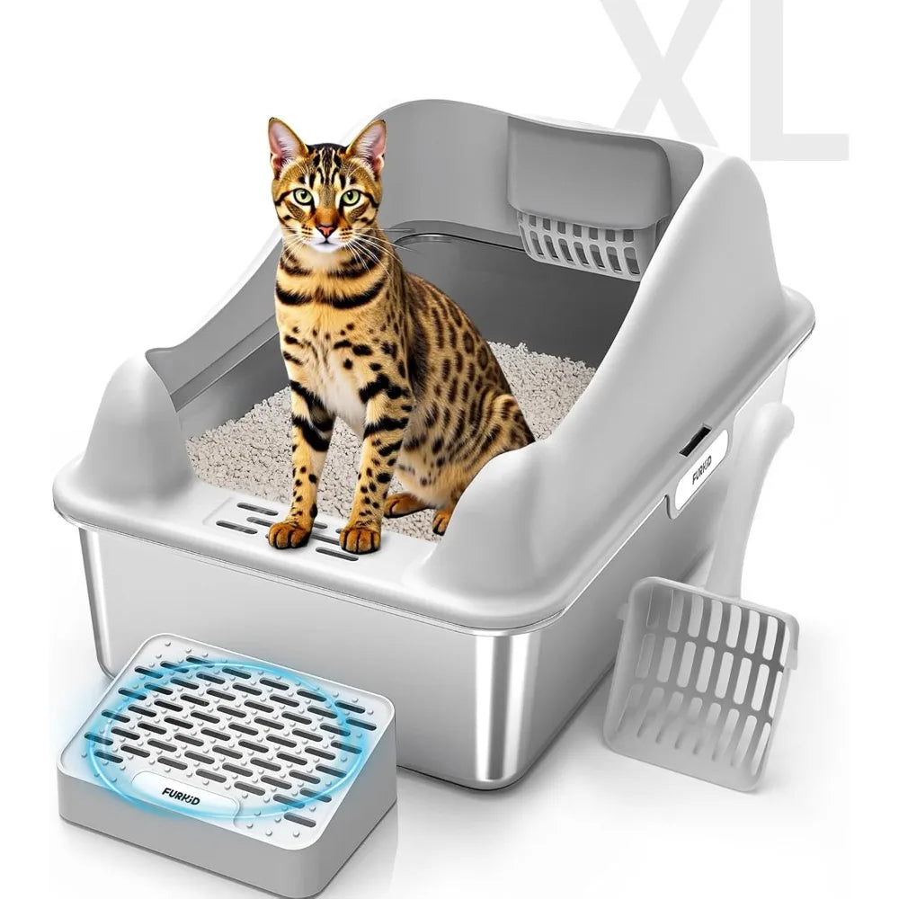 Cat Litter Box with Lid, XL Extra Large Litter Box for Big Cats, High Sided Kitty Metal Pan with Pedal Filter