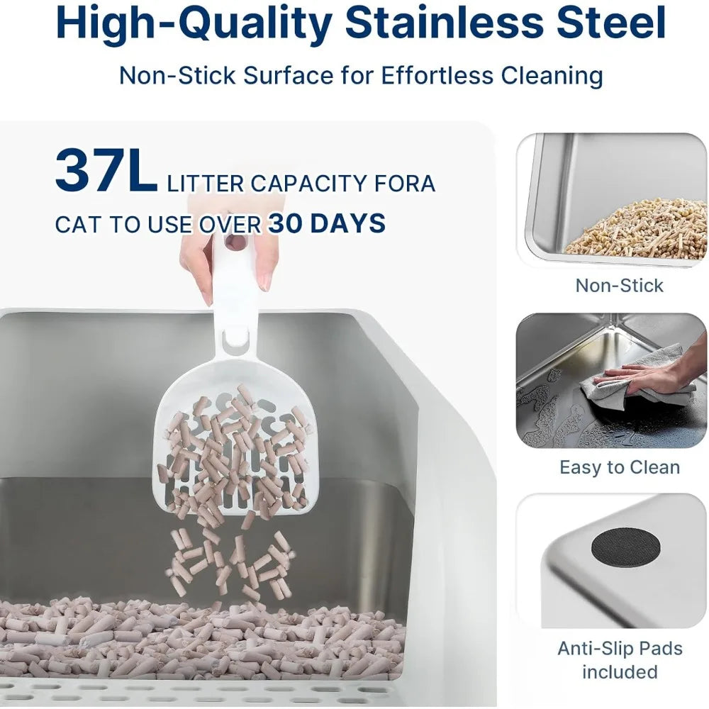 Extra Large Stainless Steel Sifting Litter Box with Removable Drawer for Pine Pellets, XL Enclosed Cat Litter Box with Lid for E