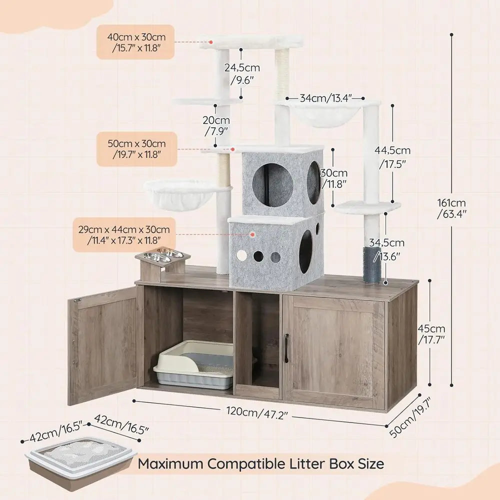 Cat Tree with 47.2 Dual Litter Box Enclosure, 63.4 Tall Multi-Functional Tower for Cats, Hidden Litter Box Enclosure Furniture,