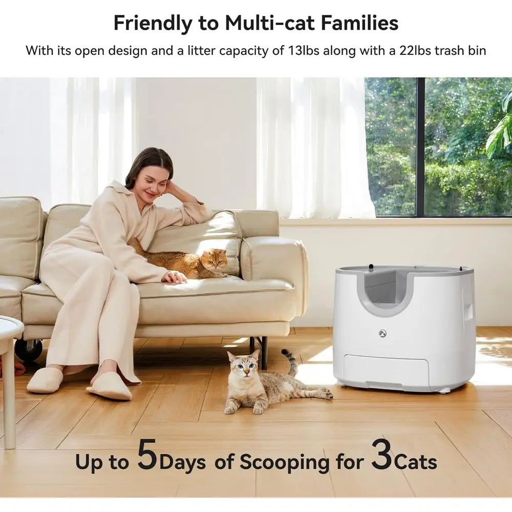 F8 Self-Cleaning Cat Litter Box – Large Capacity, Open-Top Design for Multi-Cat Homes, Enhanced Safety Features Includes Trash