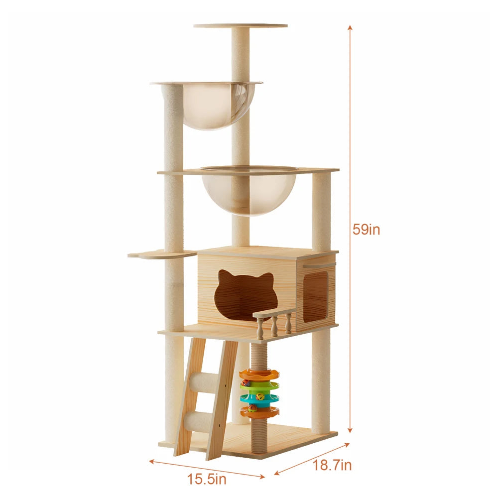 59" Modern Cat Tower, Wood Cat Tree Tower for Indoor Cats, Cat Treewith Sisal-Covered Scratching Posts and Top Perch