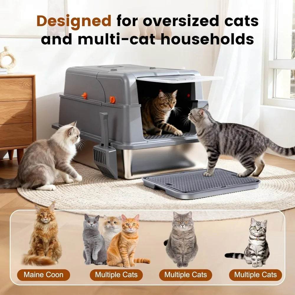 XXXXL Stainless Steel Litter Box, 28" L x 20" W x 17" H Extra Large Cat Litter Box for Maine Cat, Enclosed Metal Litter Boxes,Cu