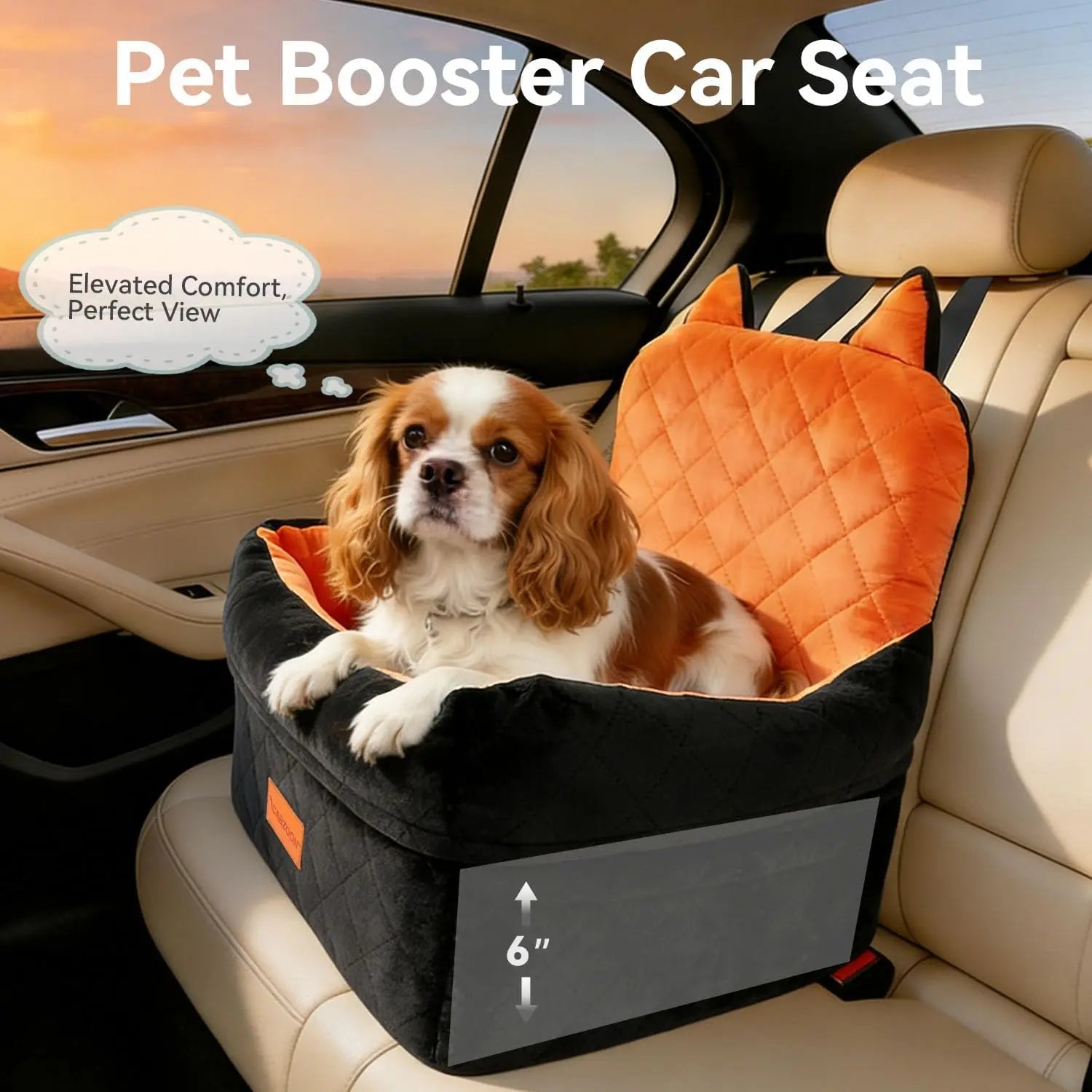 Dog Car Seat for Small/Medium Dogs Up to 35lbs, Elevated Cushion with Washable Cover & Storage Pockets, Black-Orange