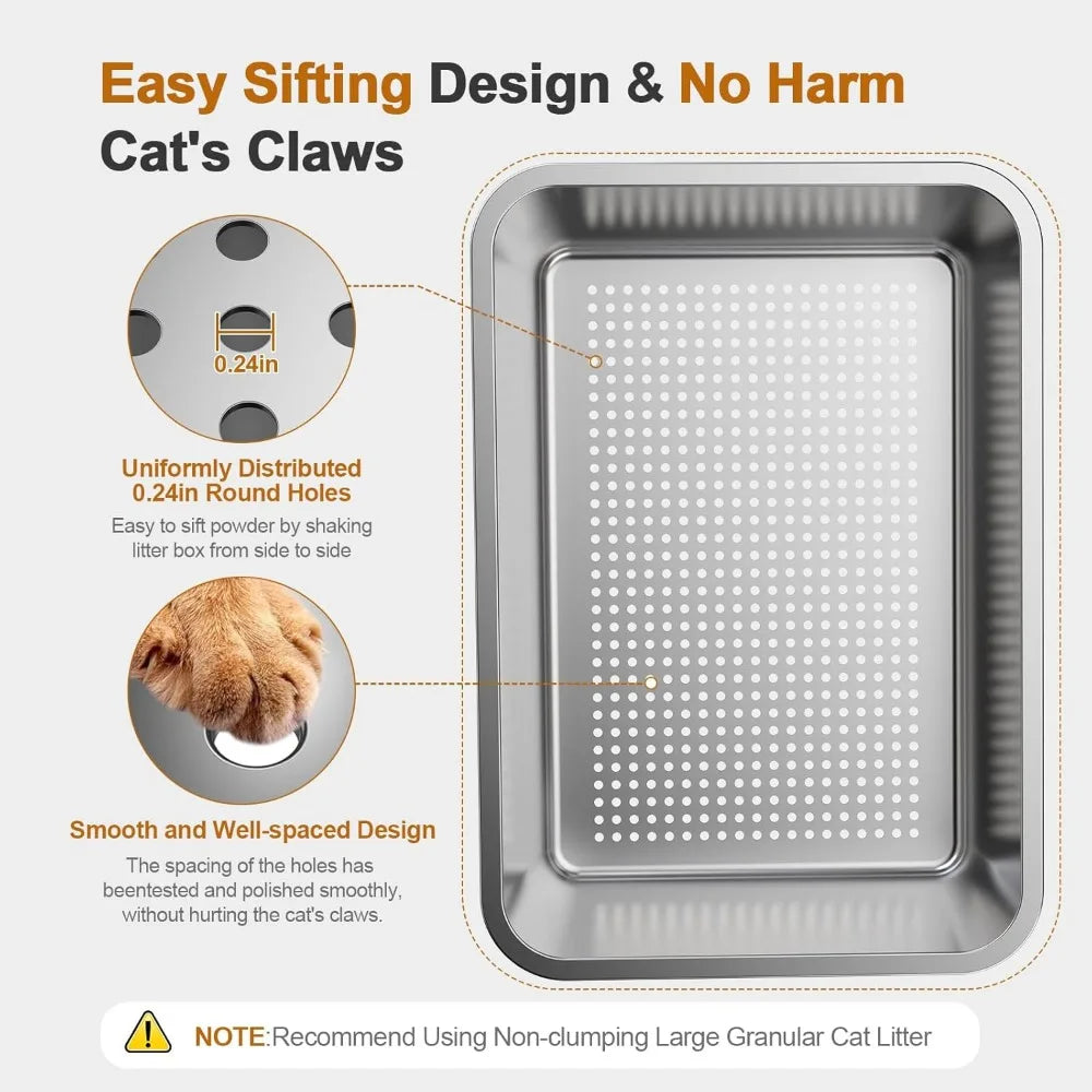 High-Sided Enclosed Sifting Cat Litter Box for Pine Pellets, Stainless Steel with Lid, Suitable for Small Cats, Easy Clean Metal