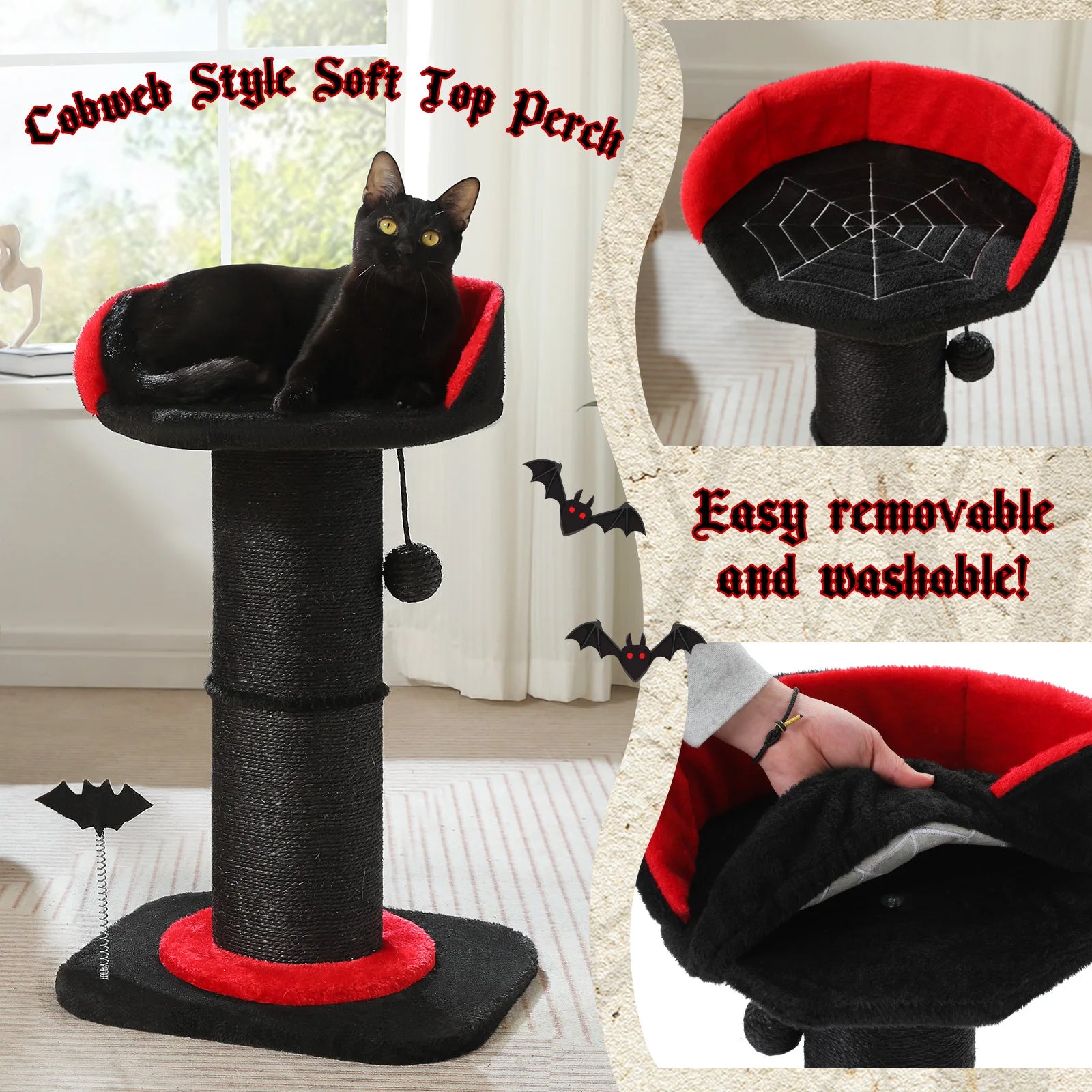 Stable Black Gothic Cat Scratching Post with Super Thick Scratching Post,Removable Spiderweb Pattern Cat Bed,Spring Ball,Cat Toy